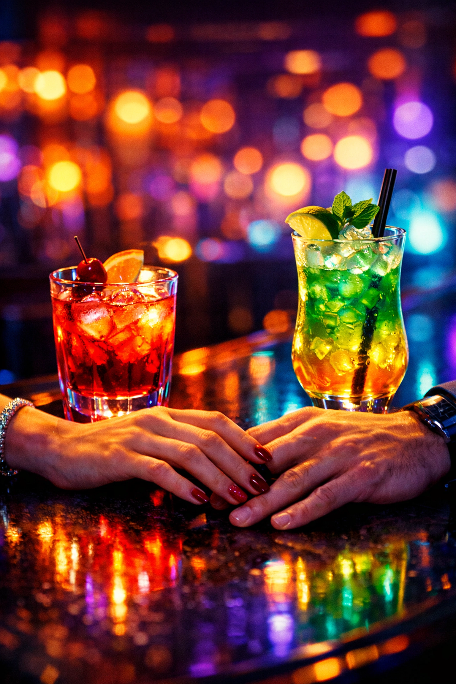 A close-up of a first date at a neon bar, highlighting the importance of an IRL vibe check.