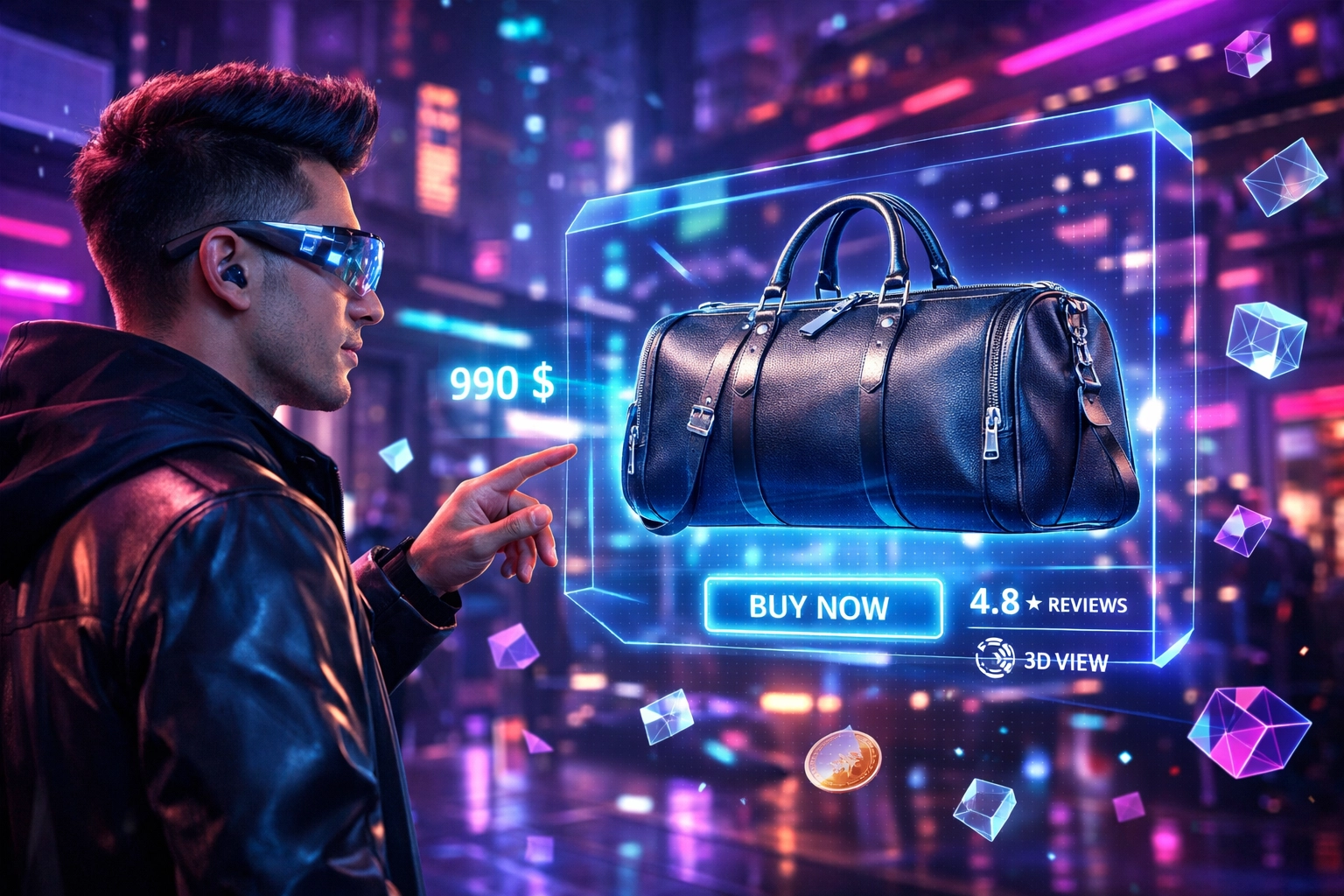 Customer using augmented reality for futuristic metaverse shopping with Larecoin AI payments.