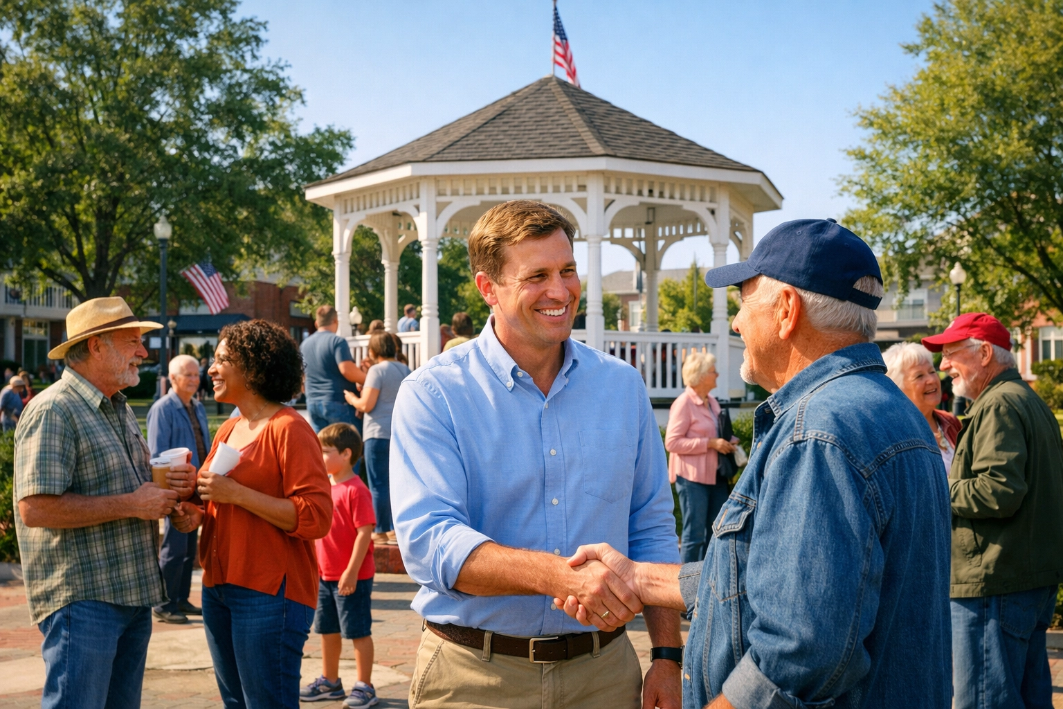 Neighbors shaking hands in a town square representing community leadership and American unity.