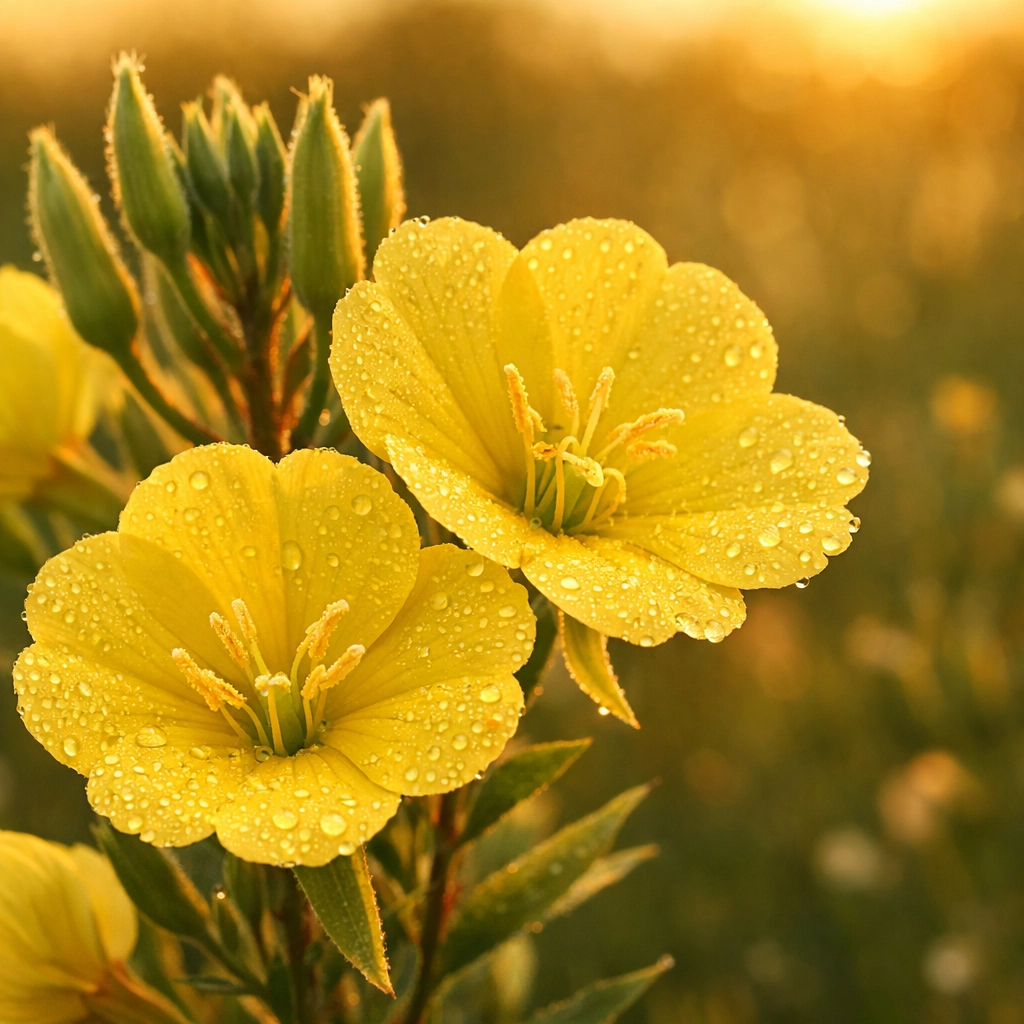 Yellow evening primrose flowers, the botanical source for evening primrose oil for women's health.
