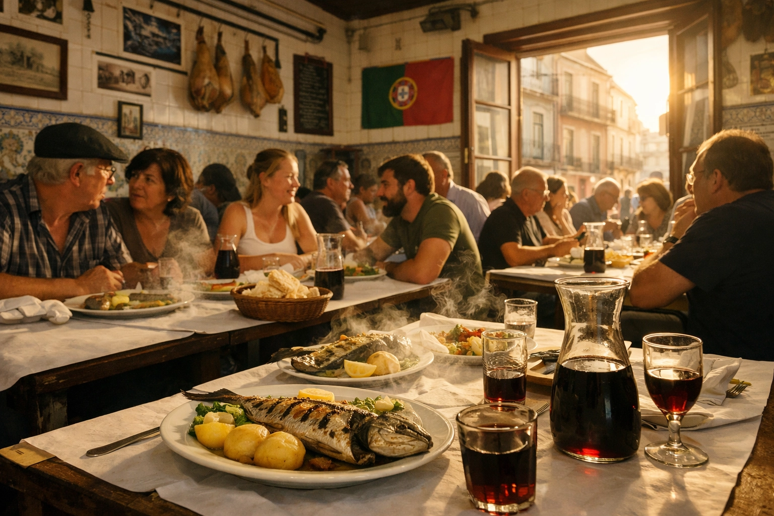 Top 10 Budget Dining Experiences in Lisbon for Your Next Trip 3 Communal dining at a restaurant in Lisbon's Graça district, a top spot for affordable local food.