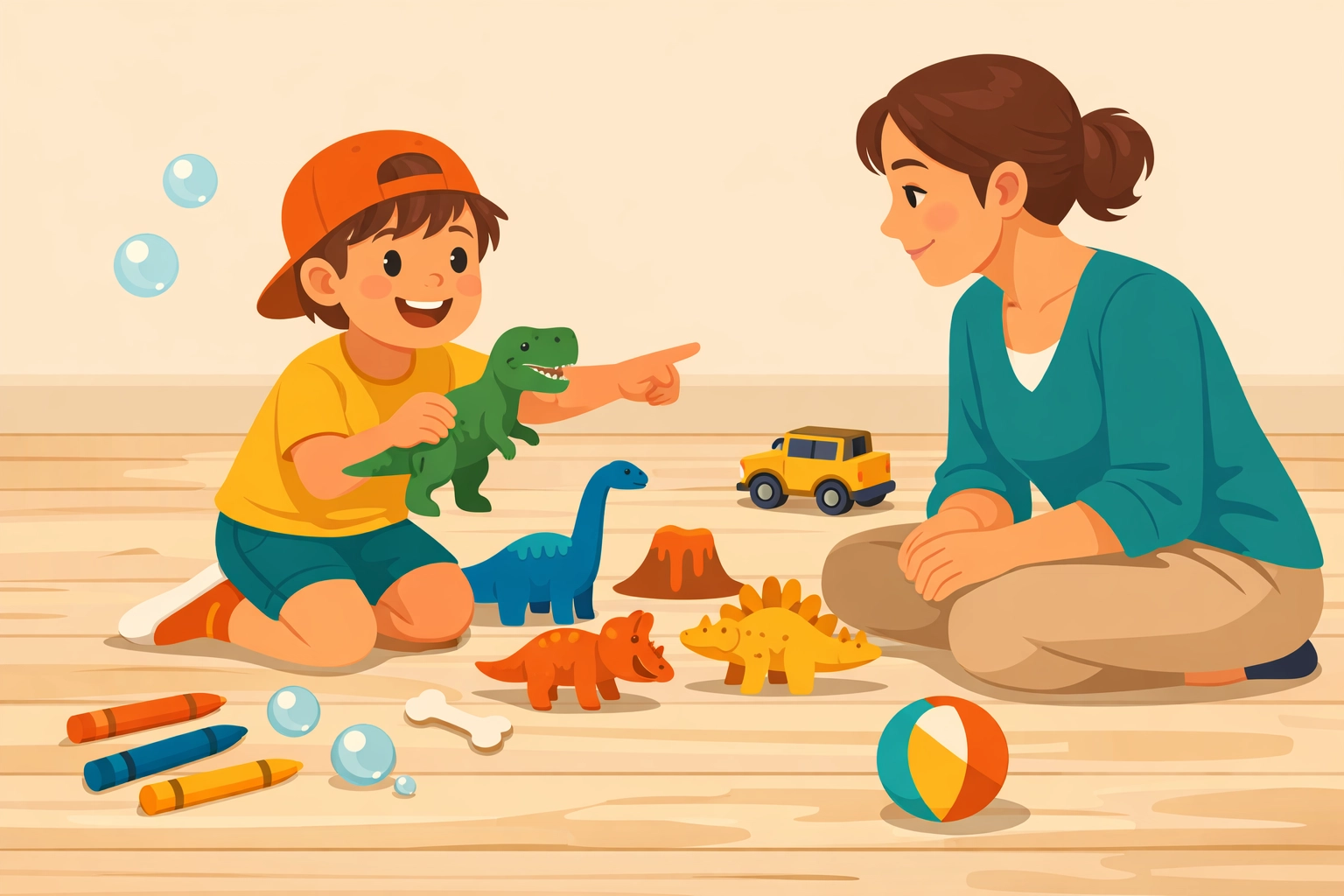 Child leading a play-based ABA session with dinosaur toys while therapist engages at their level
