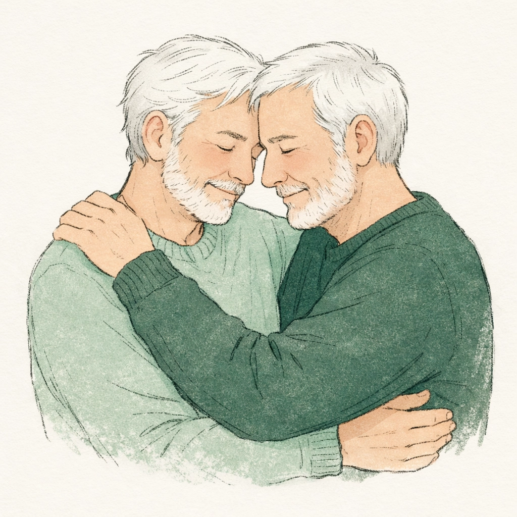 A peaceful embrace between two older men capturing the beauty of late-in-life romantic discovery.