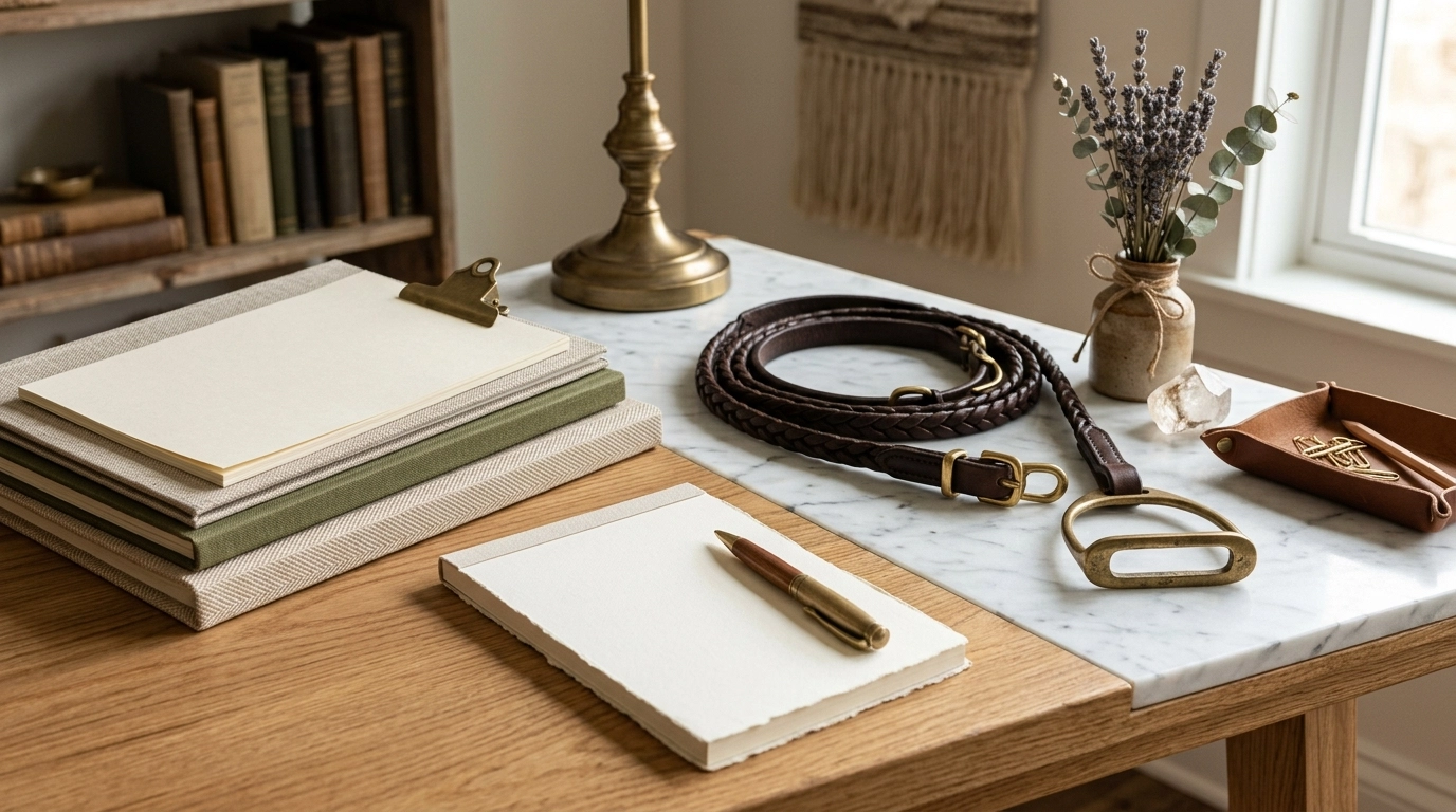 Boho Chic legal desk with elegant folders, brass clip, notepad, and neatly folded reins