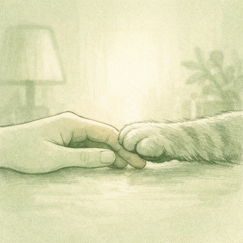 Human hand gently touching cat paw, symbolizing self-acceptance and emotional connection