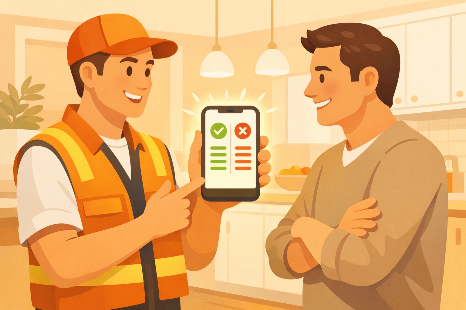 Contractor using a before and after photo app to show a homeowner project progress on a smartphone.