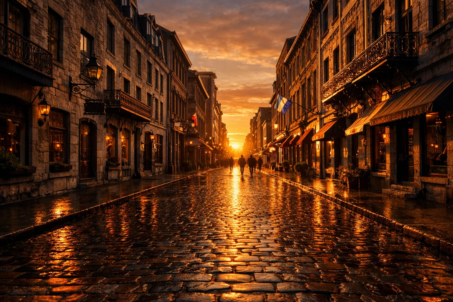 Golden hour sunlight hitting the historic cobblestone streets of Rue Saint-Paul in Old Montreal.