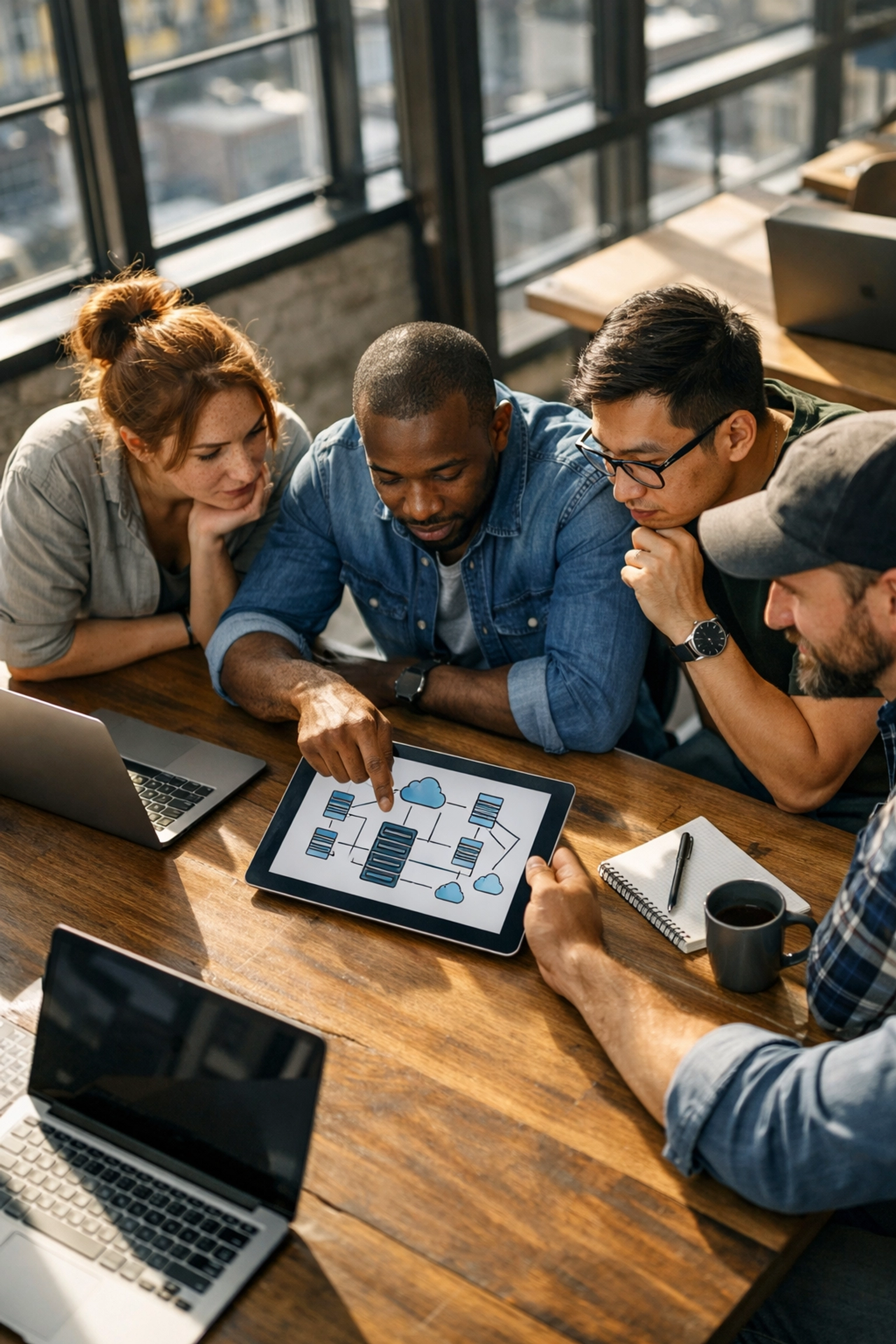 IT team using ServiceNow ITOM to identify root causes and outages in a collaborative modern office.