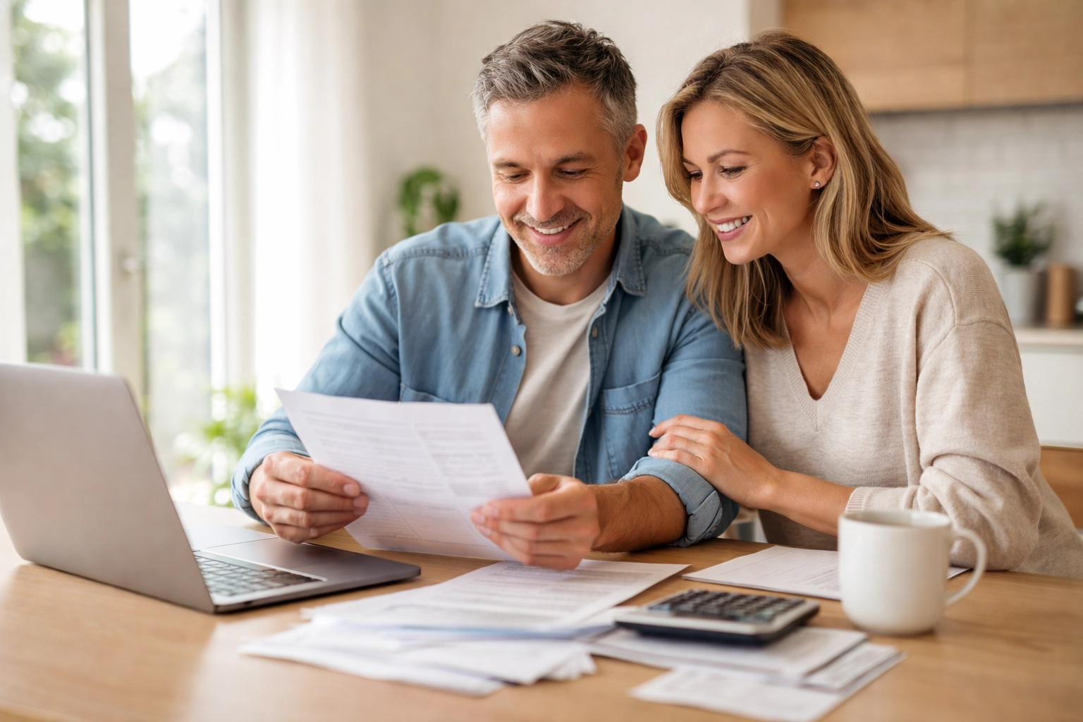 Middle-aged couple reviewing financial paperwork at kitchen table, planning charitable bunching donations