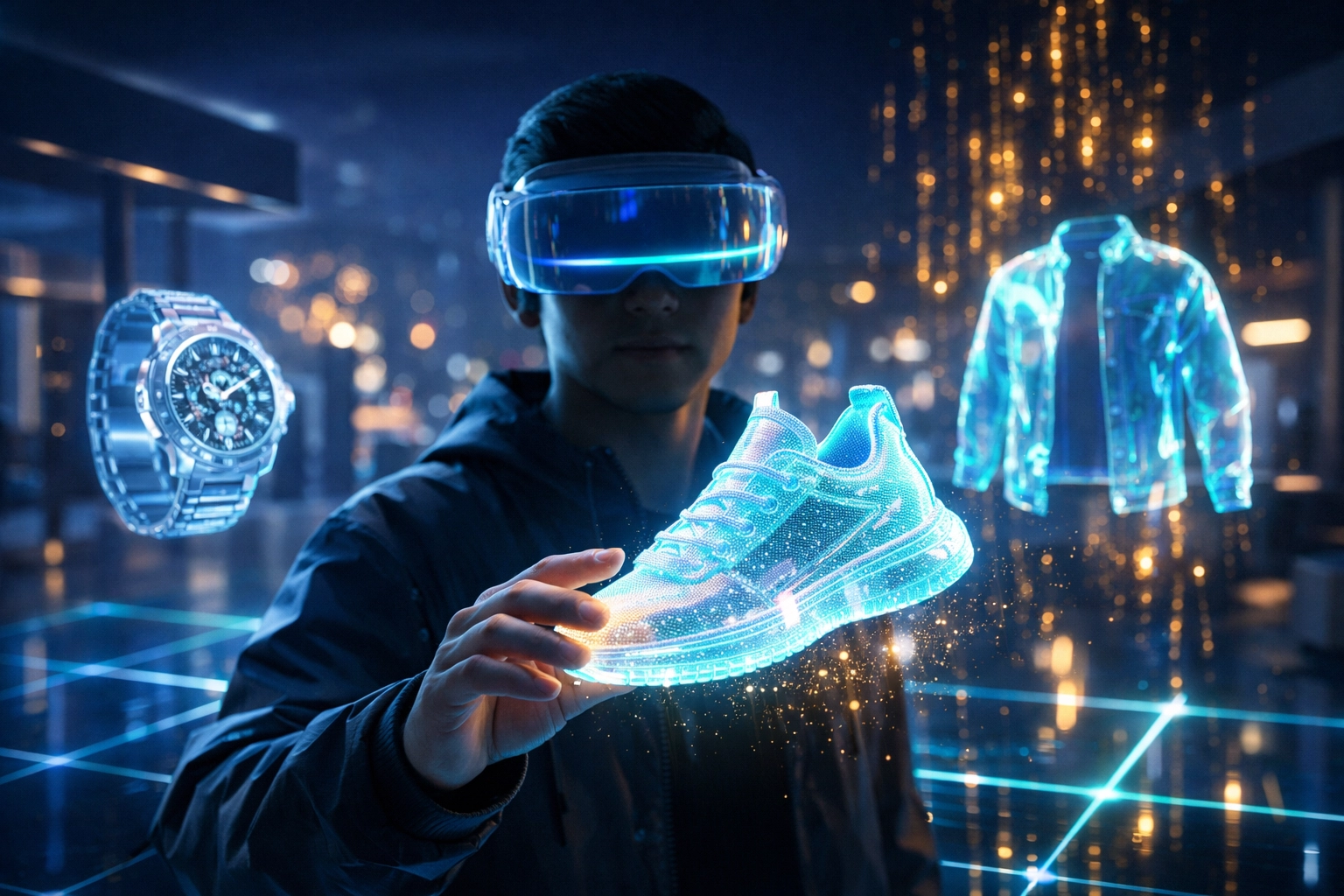 Metaverse shopping experience using a VR headset for digital commerce with Larecoin AI Web3 payments.