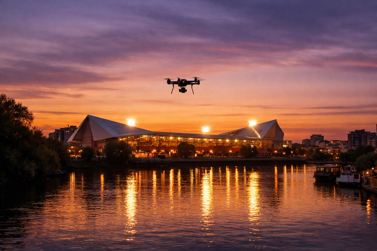 Drone ash scattering ceremony near Brentford’s Gtech Community Stadium at sunset.