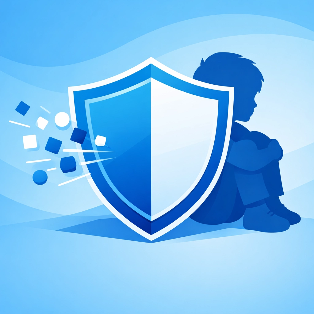 Digital shield protecting child silhouette illustrating COPPA data privacy compliance.