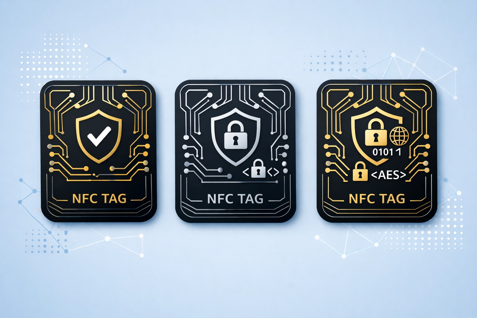 Three NFC security levels showing progression from basic to advanced counterfeit protection