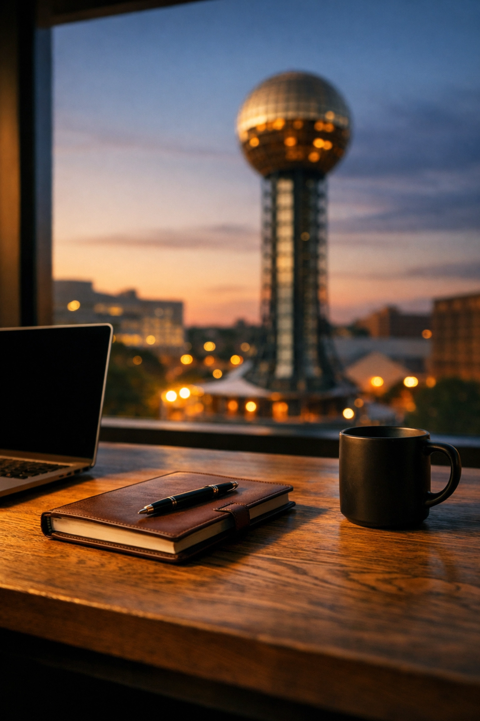 Professional Knoxville office desk featuring a laptop and the Sunsphere, emphasizing local branding expertise.
