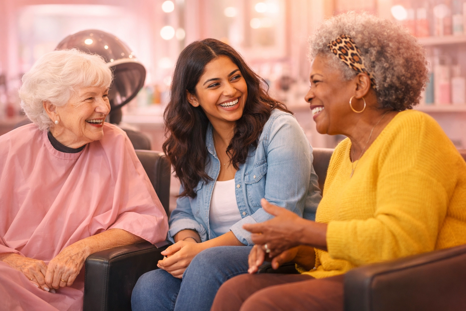 Diverse clients connecting through conversation in healing salon community space
