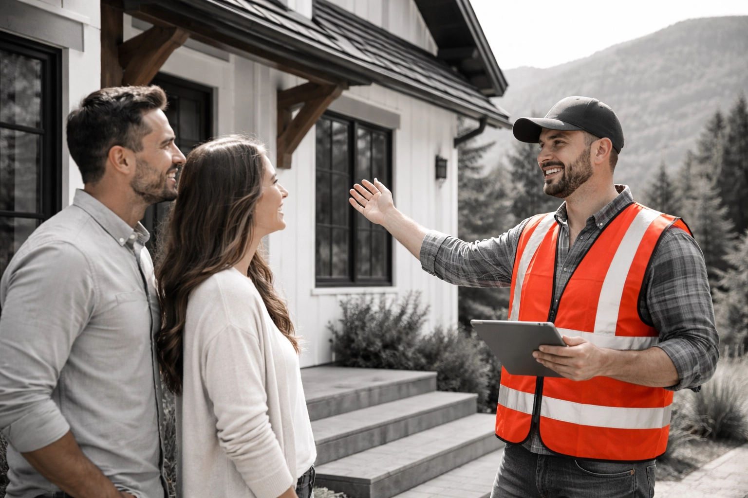Contractor discusses siding options with Chattanooga couple outside home, emphasizing communication