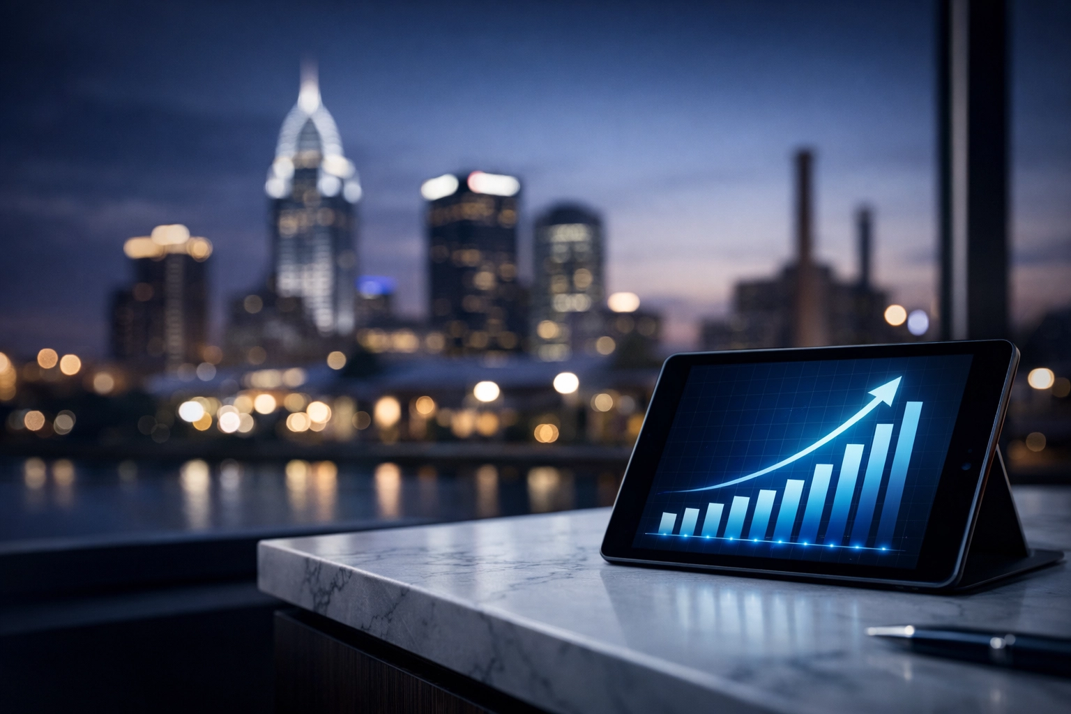 Digital growth chart on a tablet representing professional financial cleanup for Alabama business sellers.