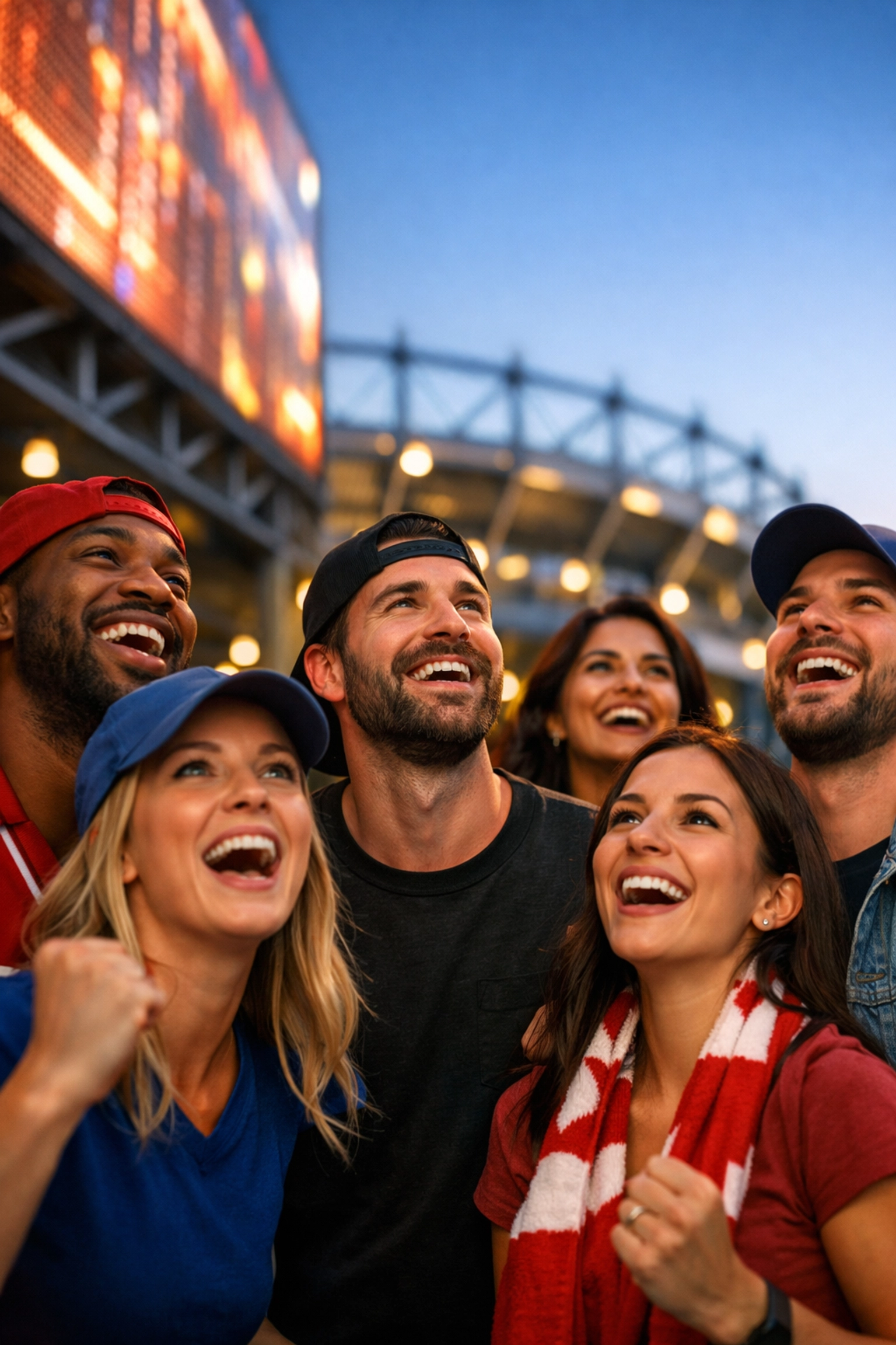 Excited fans engaging with fan-centric digital advertising at a stadium plaza before a game.