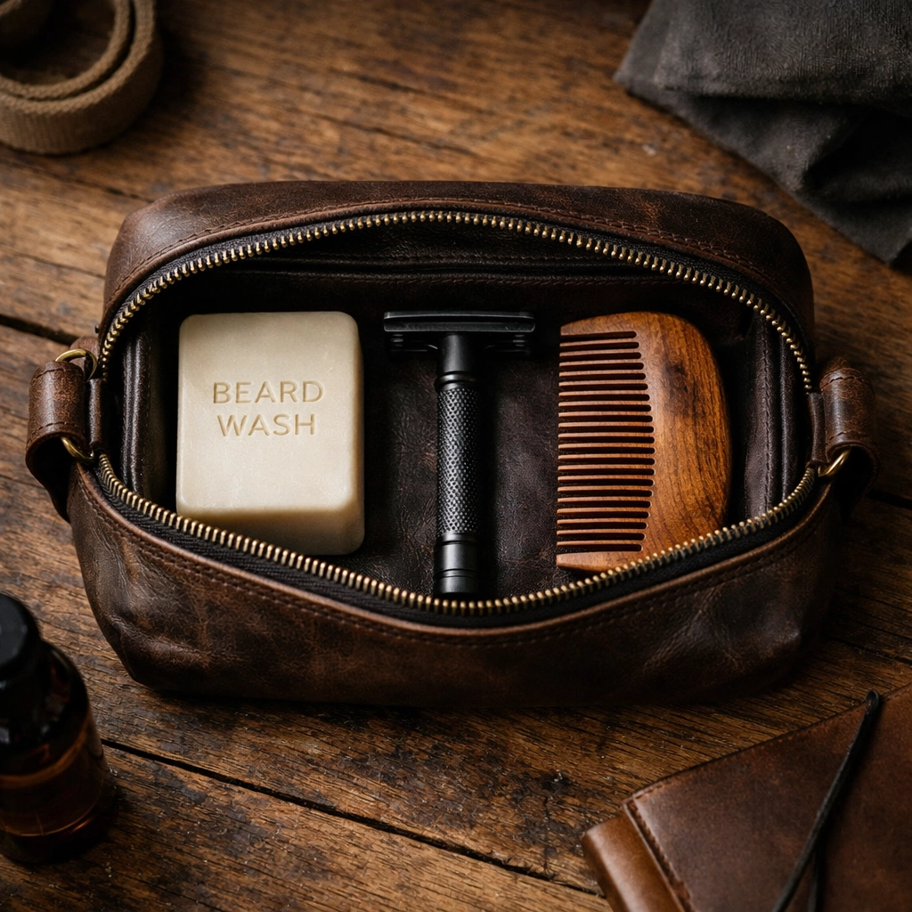 Travel-ready solid beard wash bar inside a leather dopp kit with masculine grooming tools.