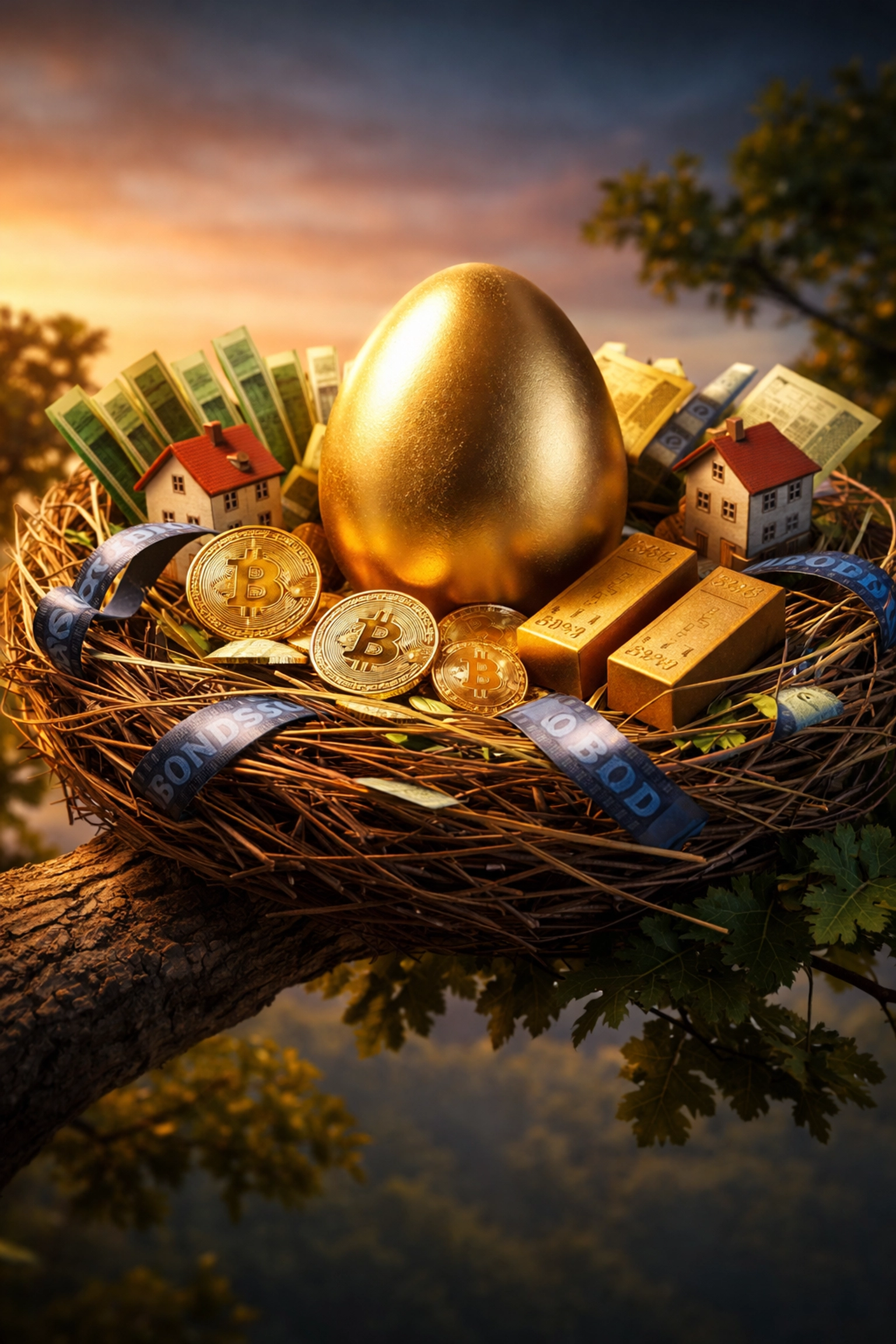 A golden egg rests in a nest made of stocks, bonds, real estate, gold bars, and Bitcoin, symbolizing diversified investments beyond public markets.