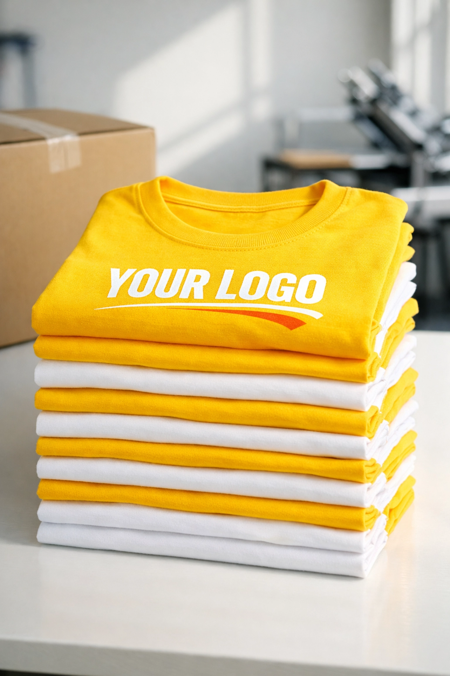 Neat stack of custom screen-printed yellow t-shirts ready for bulk shipping and fast turnaround.
