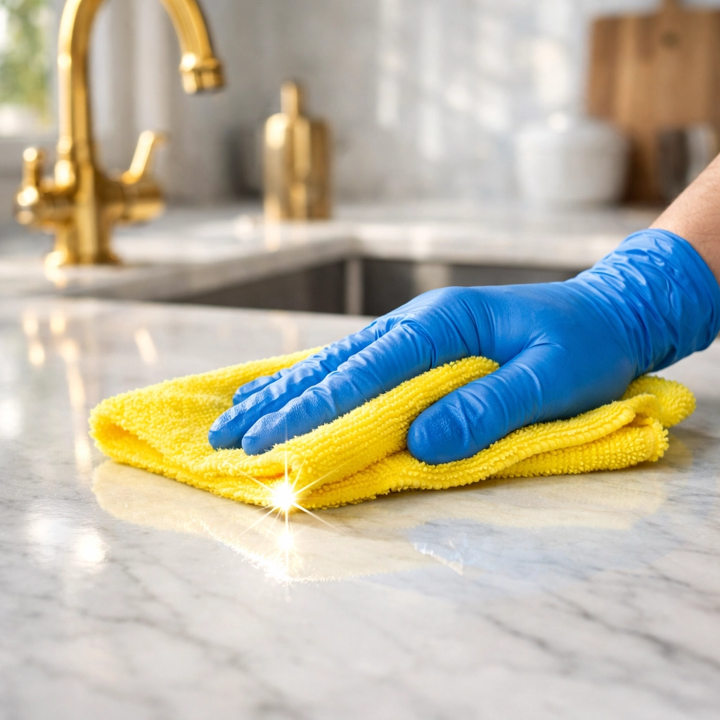 High-quality cleaning services near me detailing a luxury marble kitchen countertop.