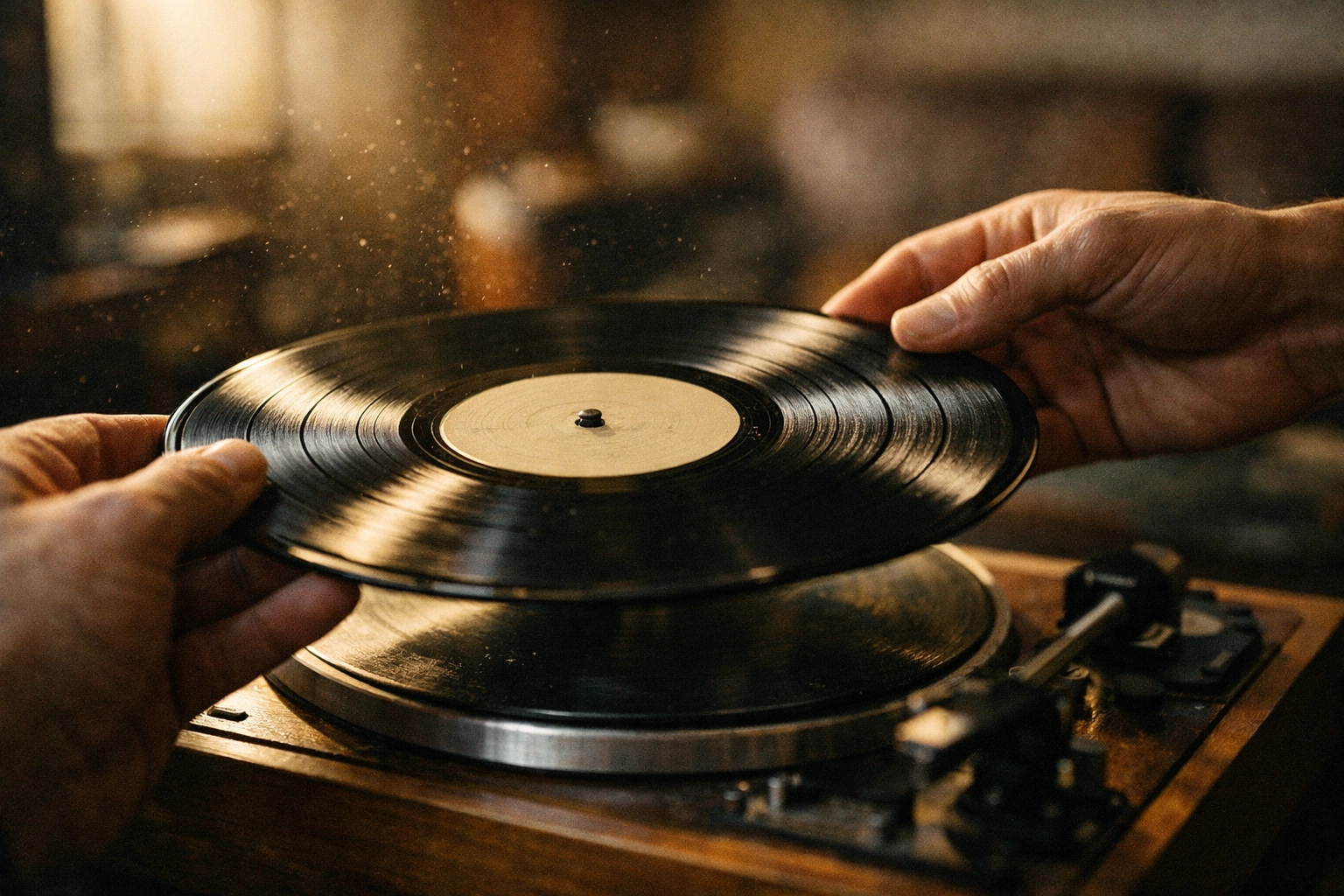 Hands carefully placing a black vinyl record on a turntable platter, showcasing the tactile ritual of analog music.