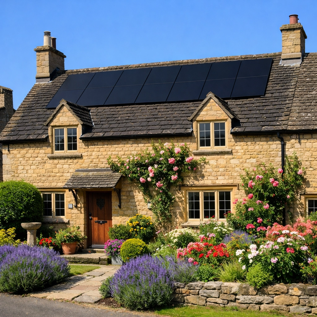 Low-profile solar panels on a historic Wiltshire cottage roof, designed for conservation area compliance.
