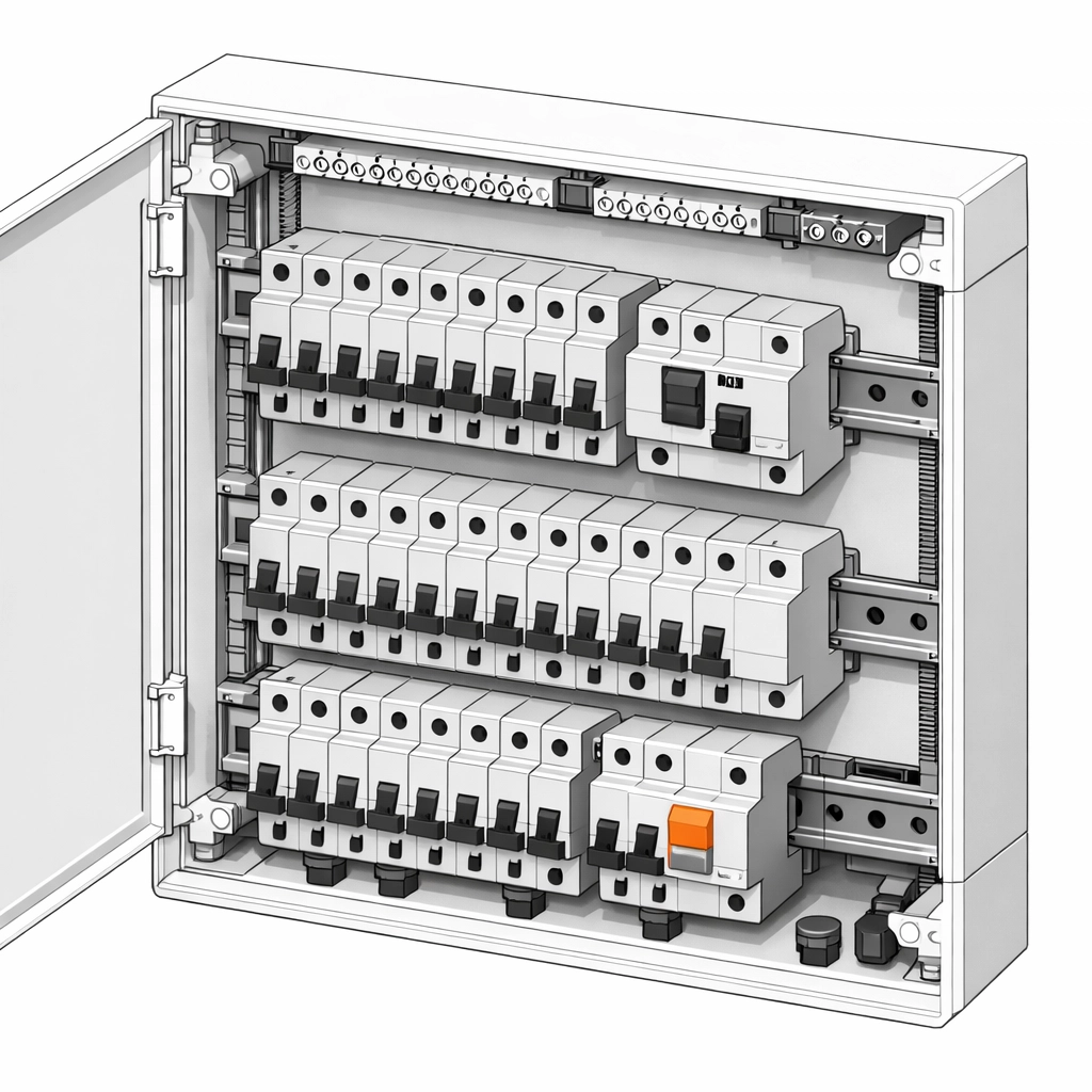 Offener Verteilerkasten mit korrekt installierten Sicherungen für die E-Auto-Ladestation.
