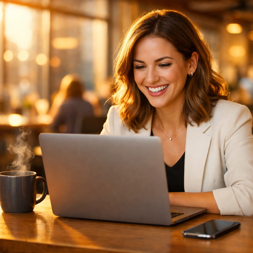 Happy entrepreneur receiving fast SBA funding approval while working in a modern co-working office
