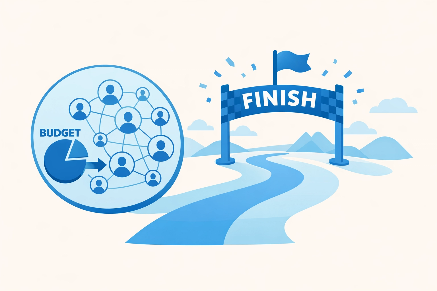 Illustration of a finish line and voter network representing a successful programmatic political ad strategy.