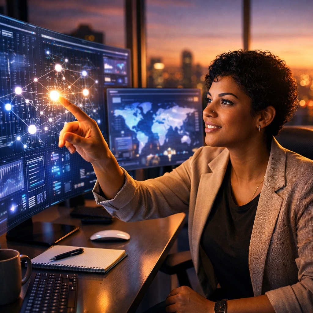 Professional exploring AI data streams and global information on holographic screens