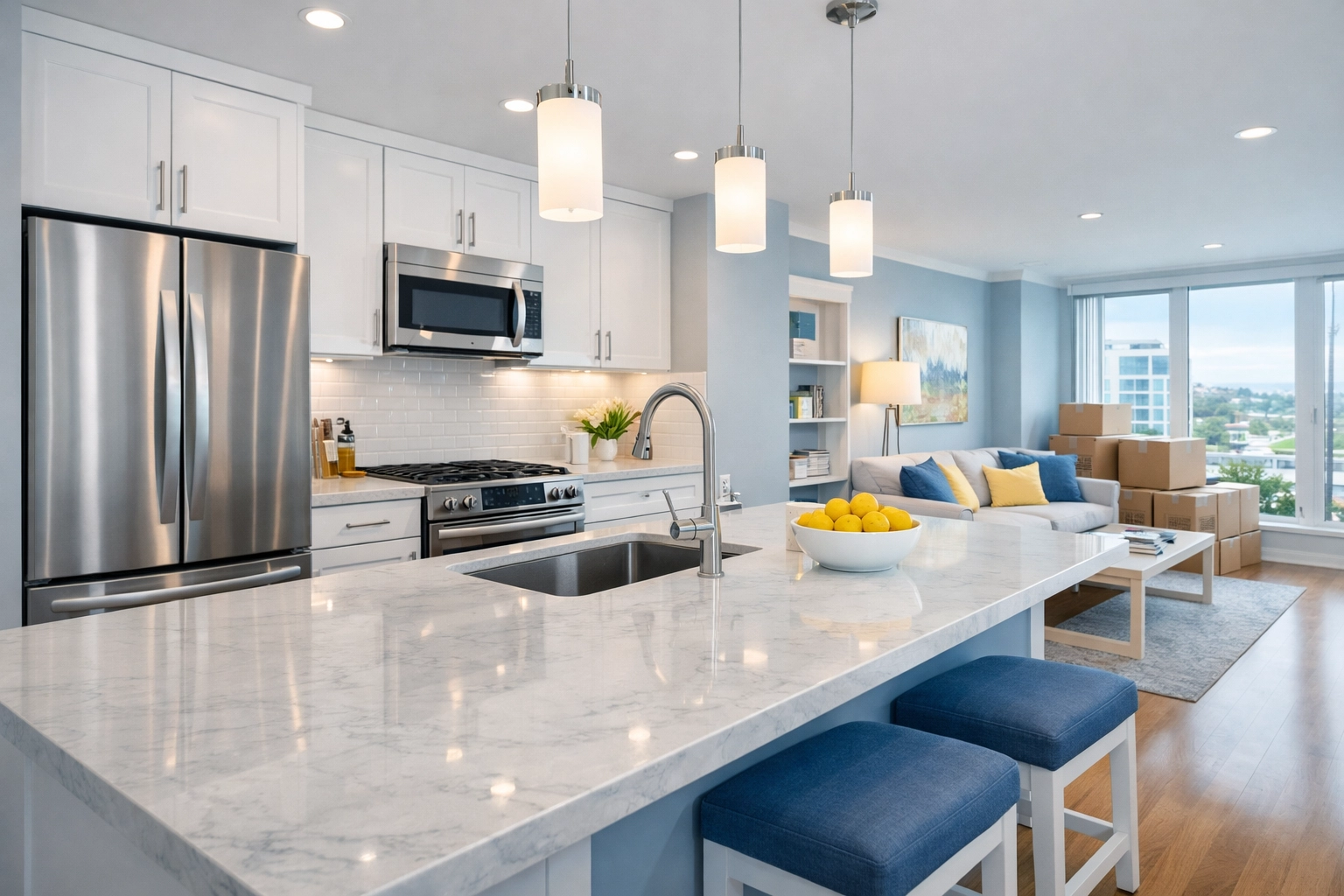 Deep cleaned luxury kitchen in a Cambridge condo, prepared for a move-out inspection walkthrough.