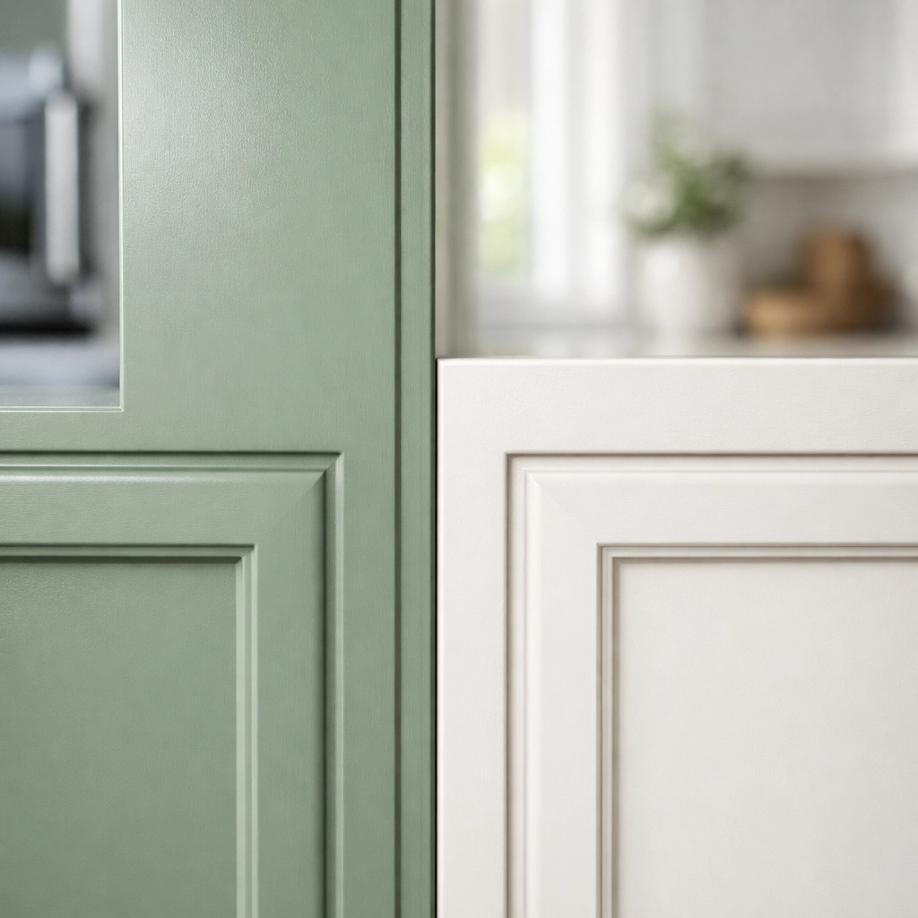 Professional kitchen cabinet painting showing smooth factory finish and quality craftsmanship