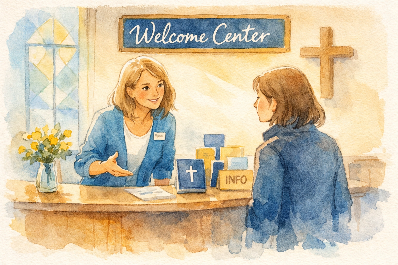 Church greeter warmly welcoming visitor at information desk with personal care