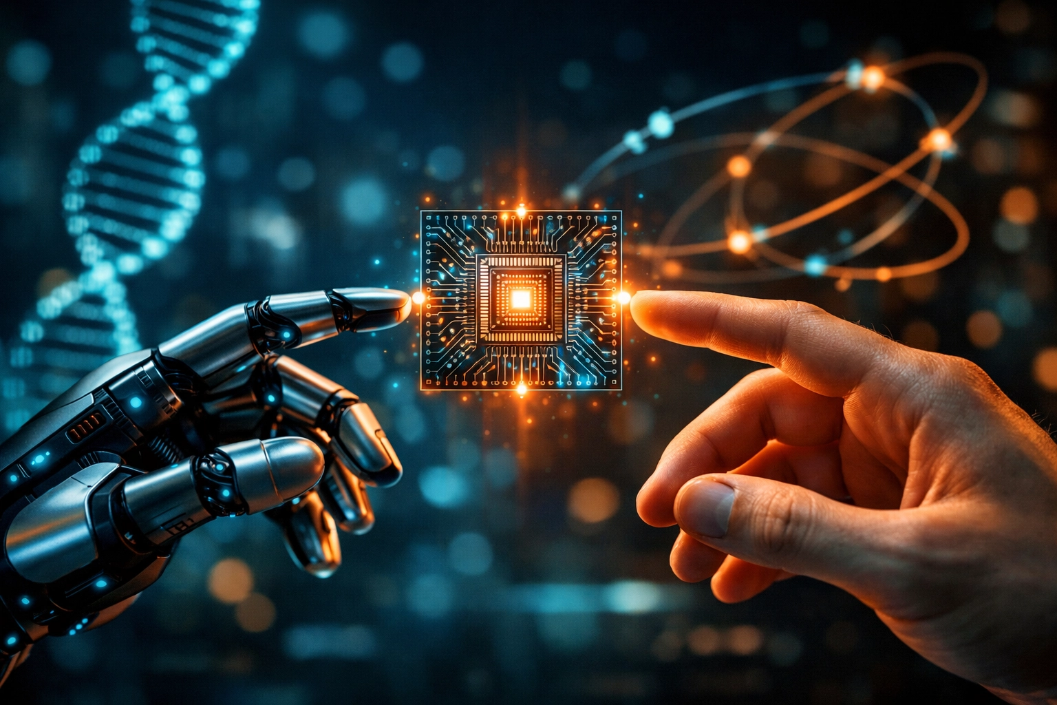 Robot and human hands merging over a microchip, illustrating India's deep tech shift in startup news India.