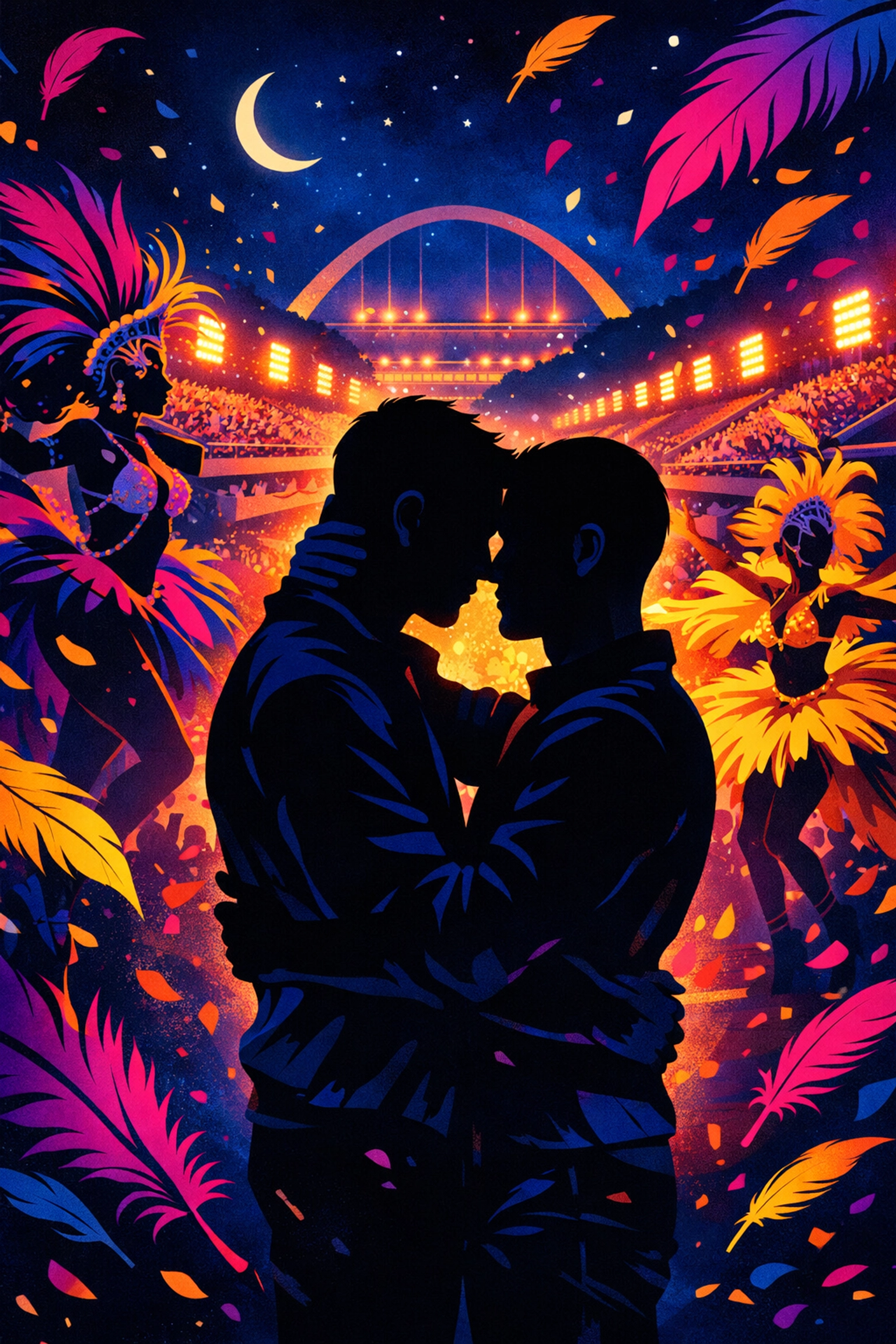 Two men embracing at Rio Sambadrome during Carnival night celebrating LGBTQ+ love and romance