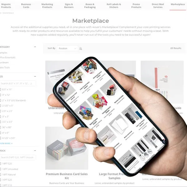 A hand holds a smartphone displaying an online marketplace for customizable print products.