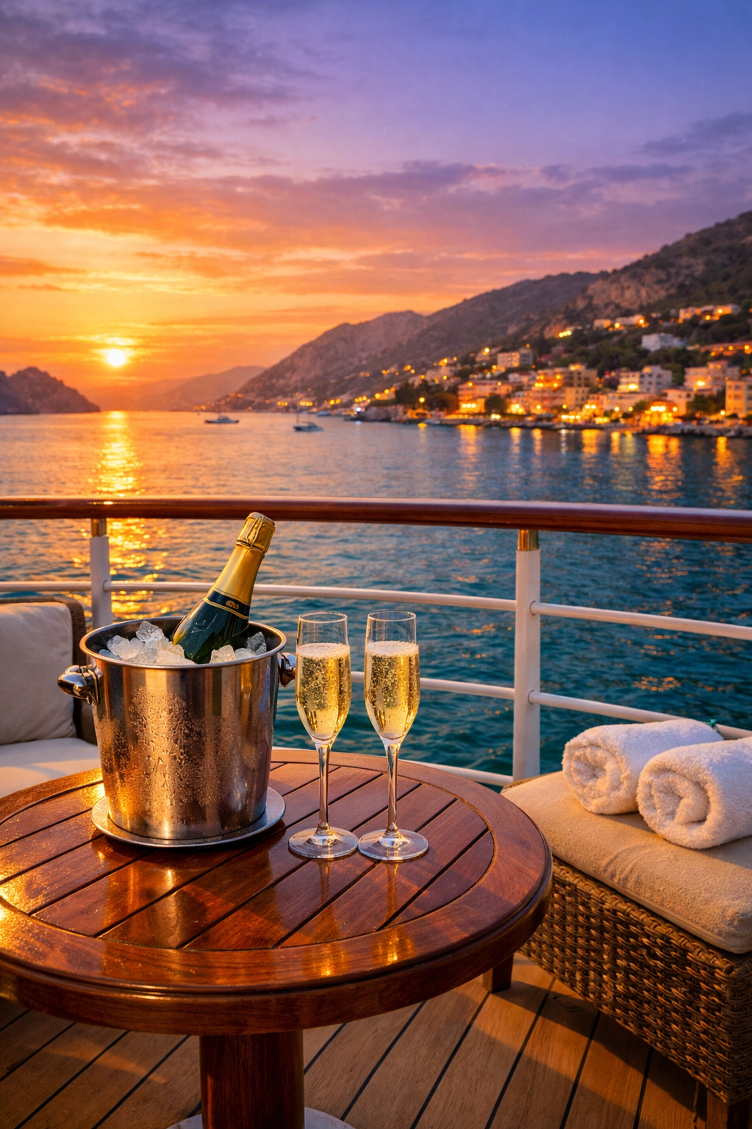 Private balcony with champagne on a luxury Mediterranean cruise ship at sunset.