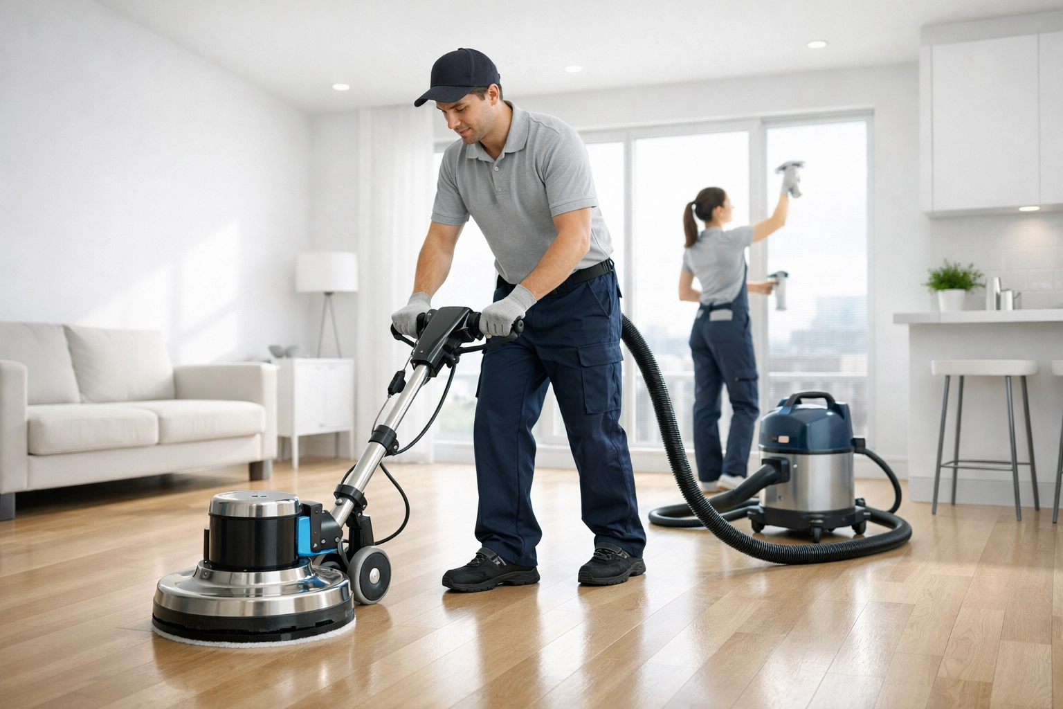 Professional make-ready cleaning team working efficiently in apartment during turnover