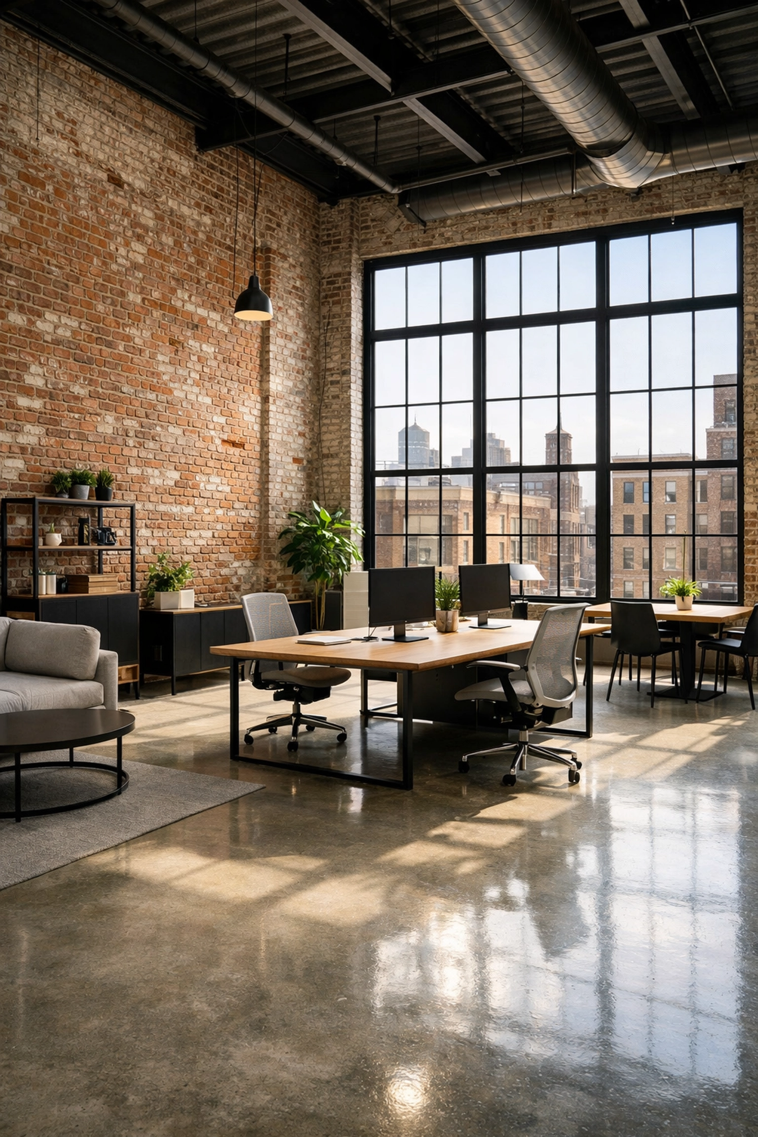 Clean industrial-chic Detroit office with polished concrete floors and exposed brick walls.