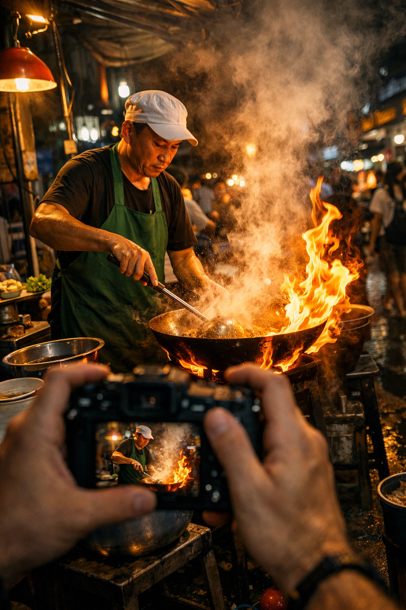 Capturing a vendor cooking with a blazing wok, perfect for street food photography and budget travel food shots.