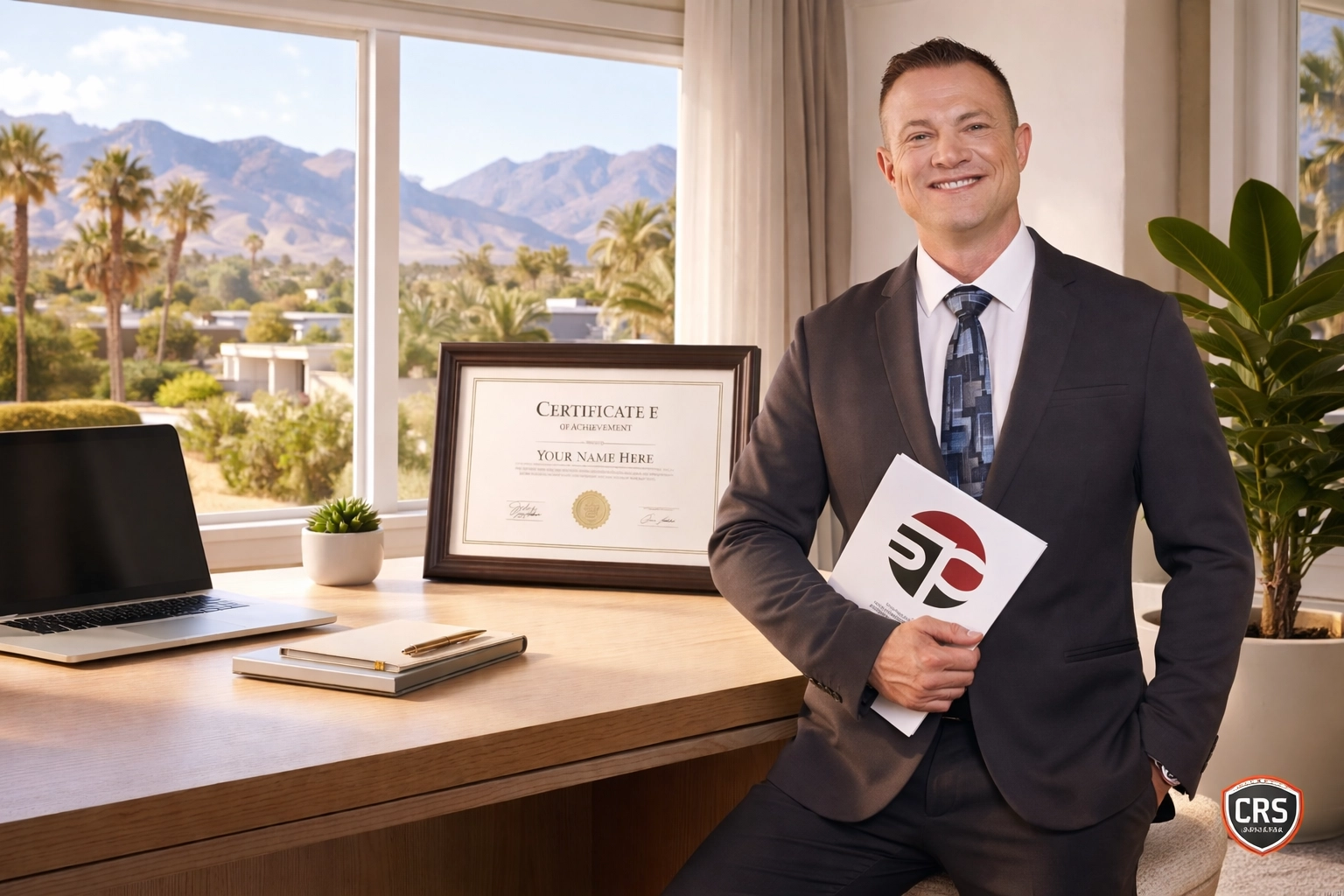Stephen Powell, CRS specialist, in a luxury Palm Springs office setting with framed CRS certificate and mountain view.