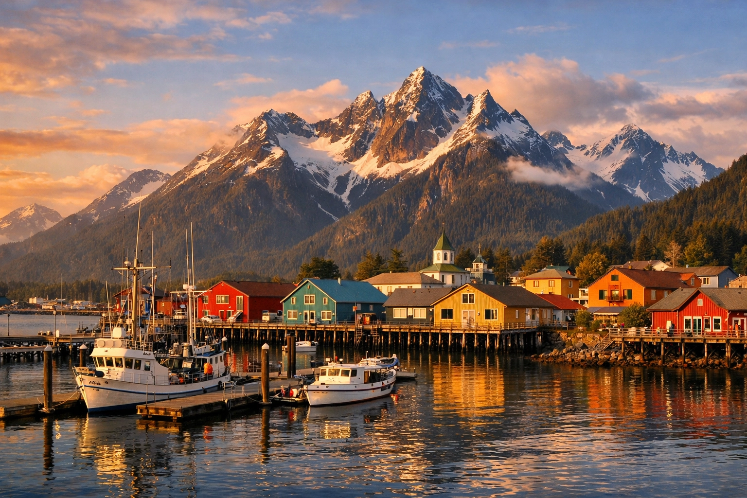 Colorful coastal buildings in an Alaskan port town with snow-capped mountain peaks.
