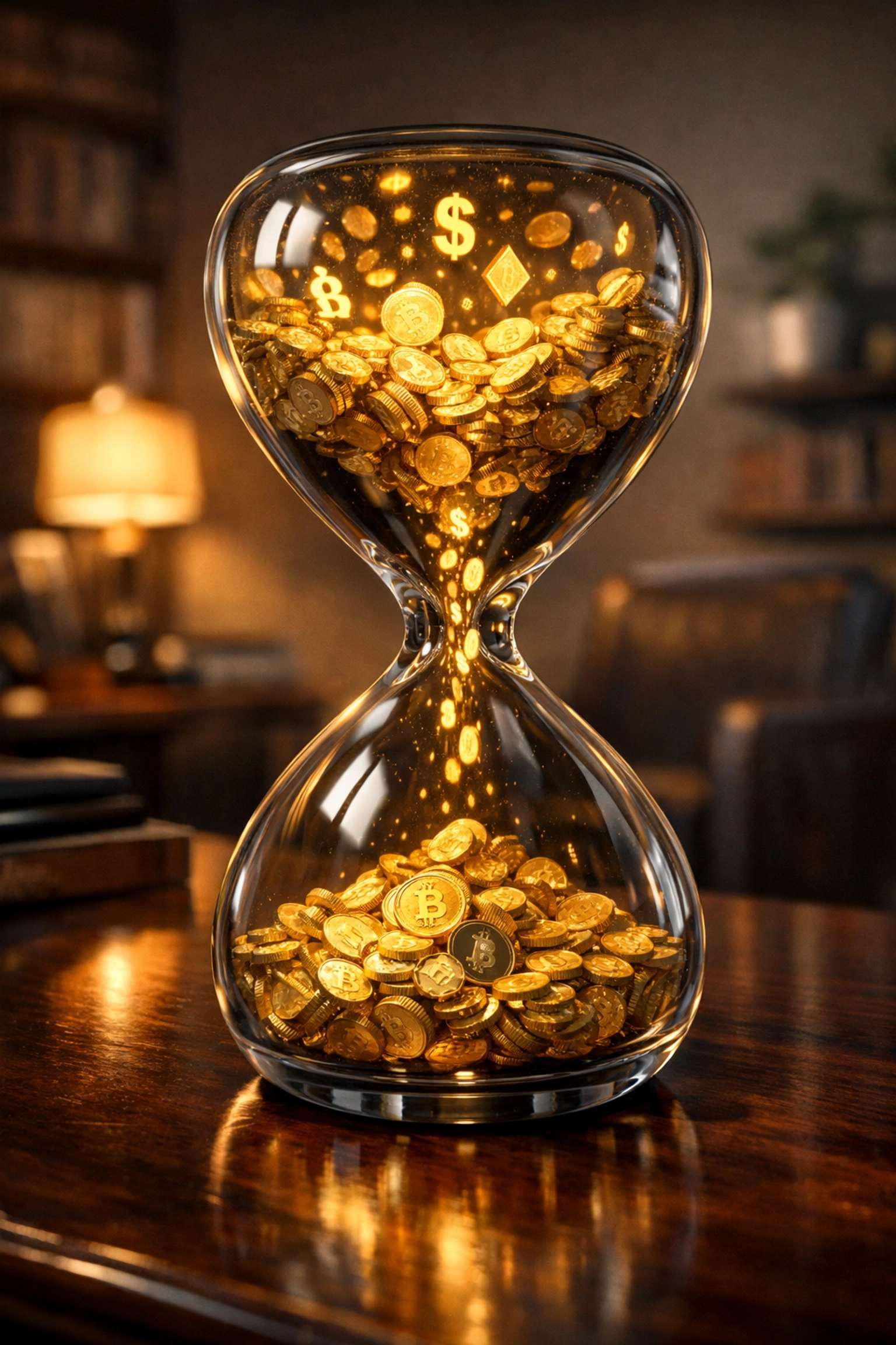Hourglass with coins on a desk, symbolizing cash flow management and financial forecasting for bloggers.