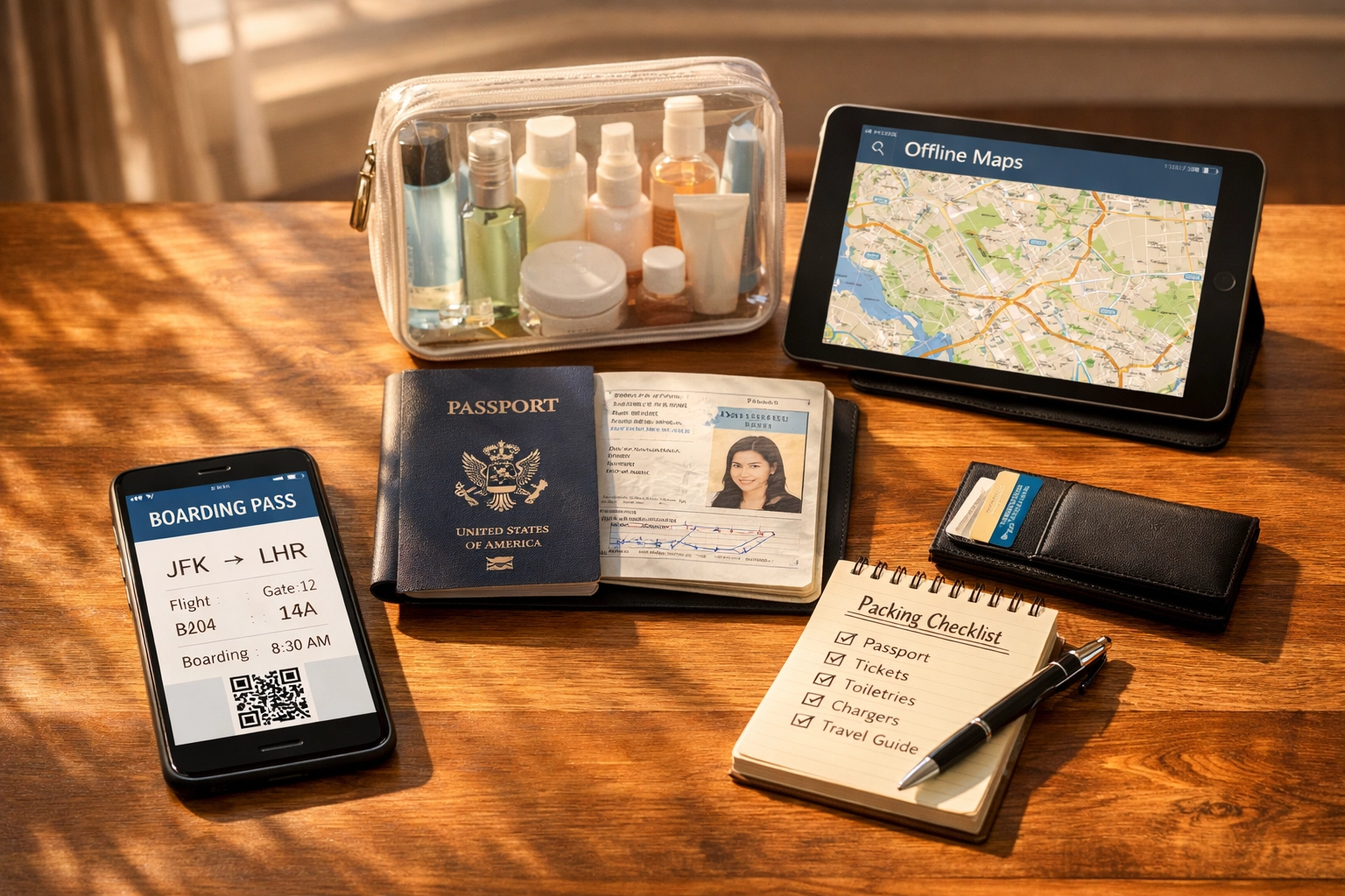 Organized travel preparation checklist with passport, boarding pass, and essential documents on table