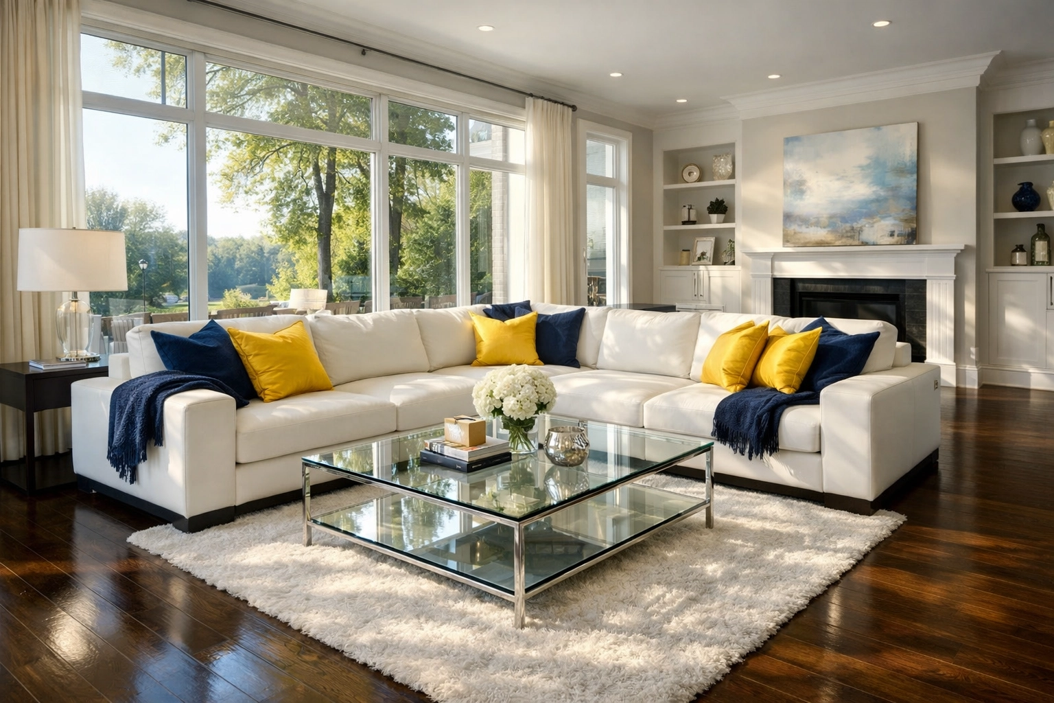 Pristine Wayland living room with polished floors, a result of professional weekly house cleaning Wayland MA.