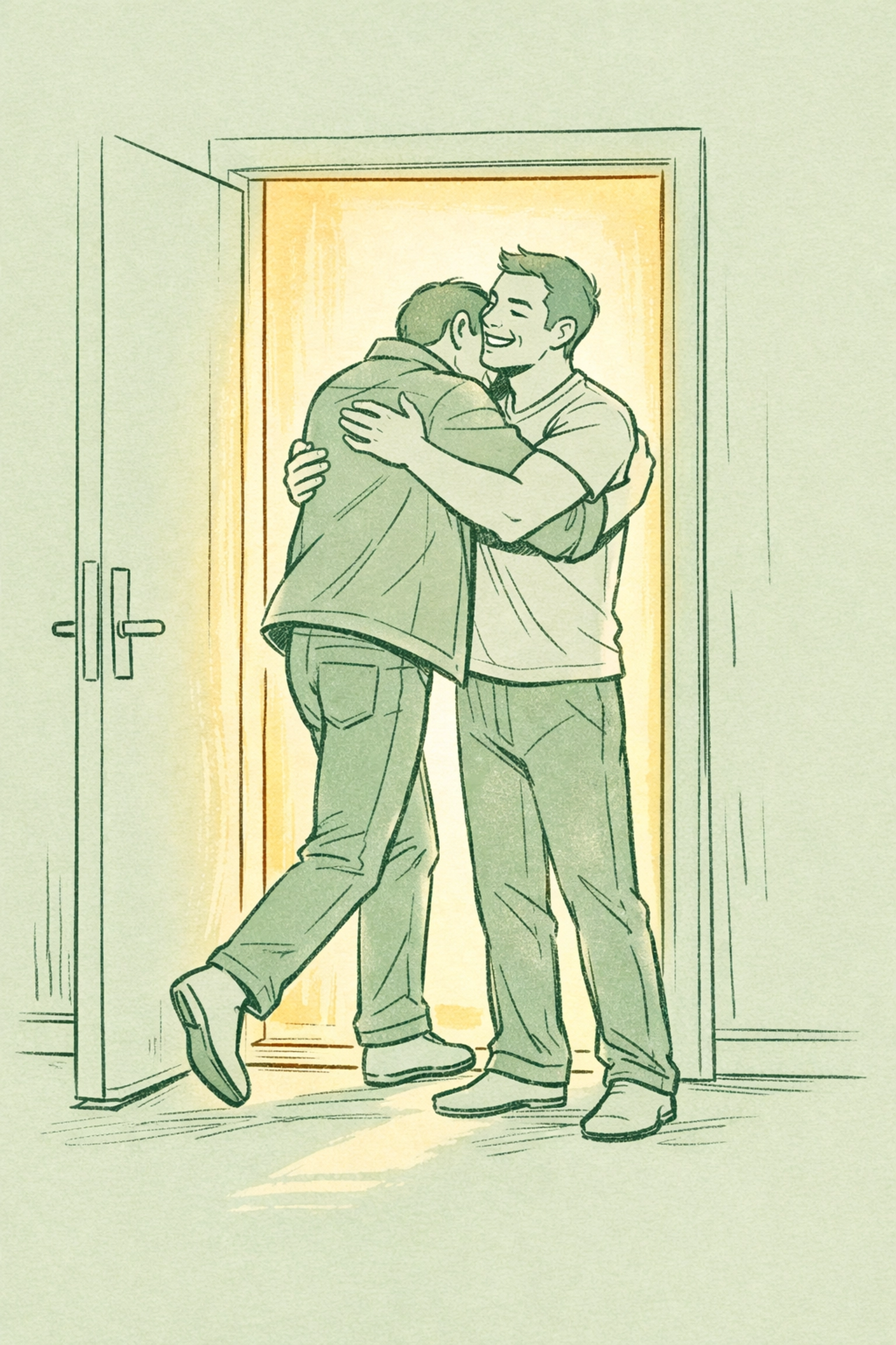 Gay couple embracing in doorway symbolizing the joy and liberation of coming out later in life