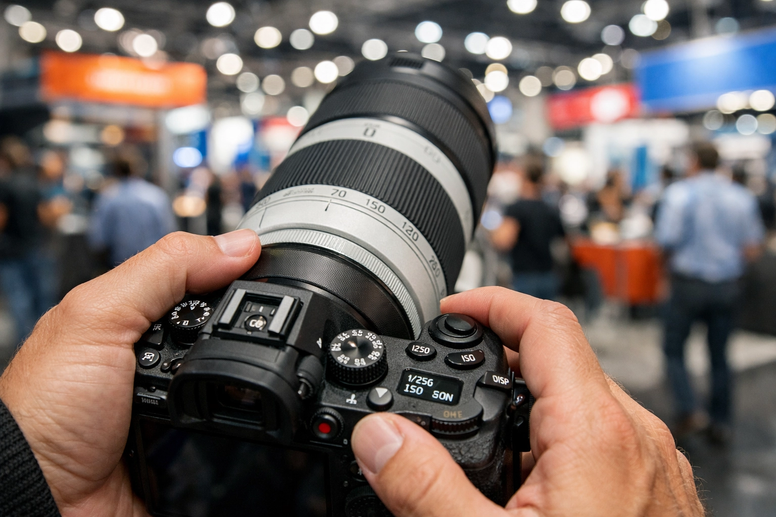 Professional trade show photographer capturing a busy exhibition floor with a high-end camera.