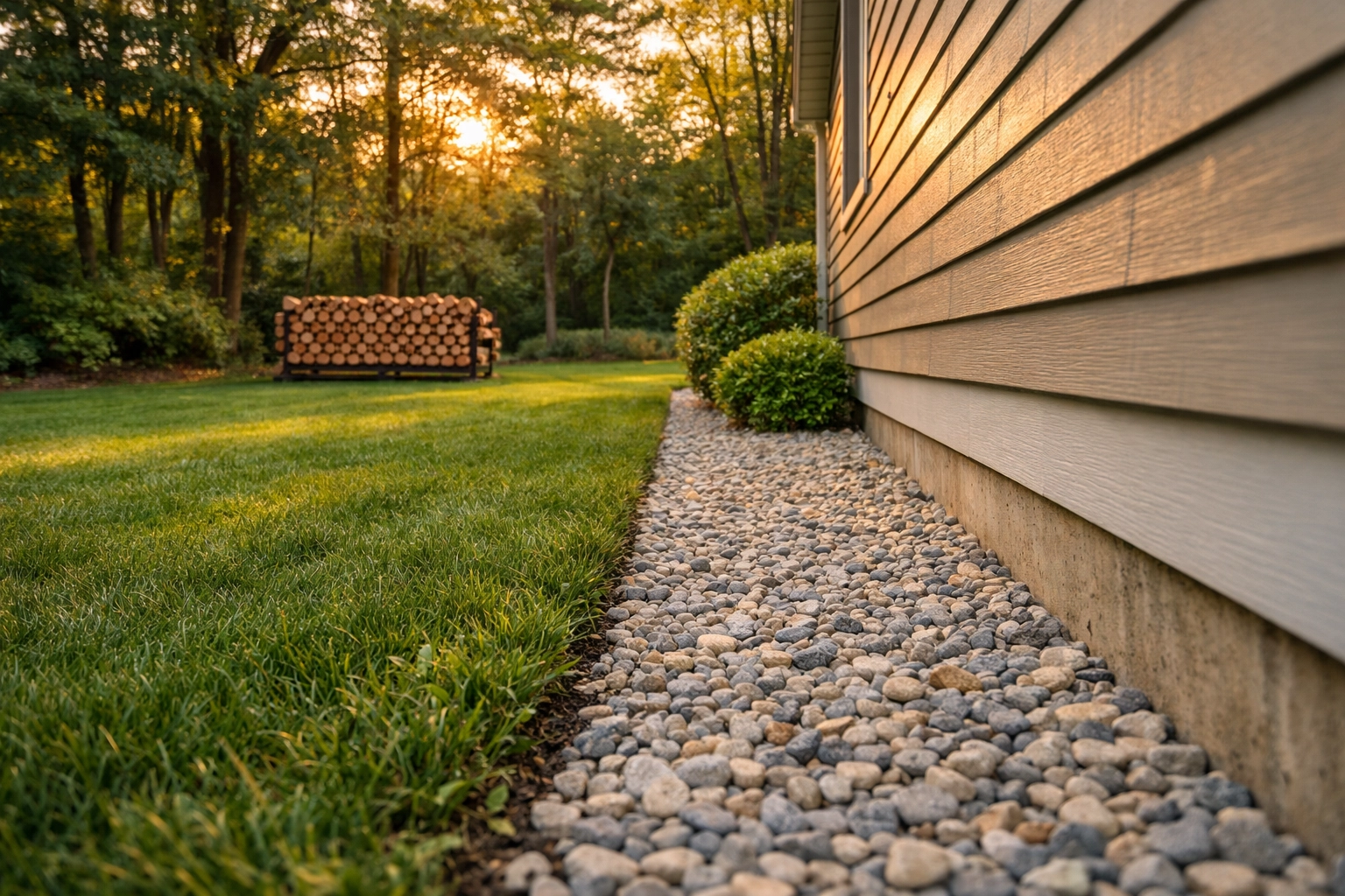 Landscaping perimeter with a gravel clear zone around a Westchester home to deter pests.